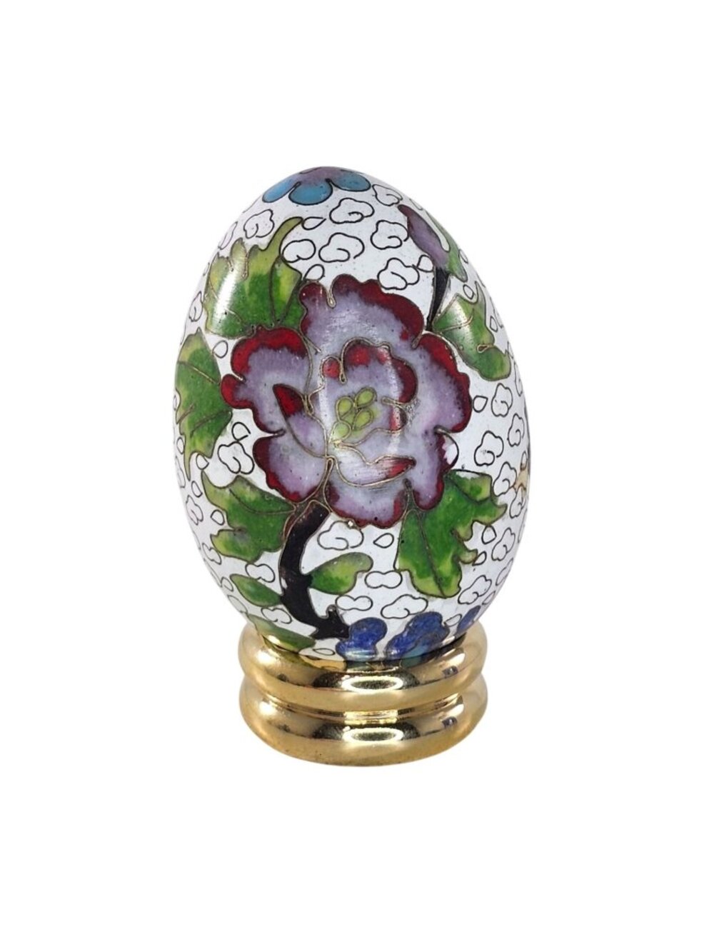 Cloisonne Egg With Stand White Floral Design Collectible Decorative Accent Ornam